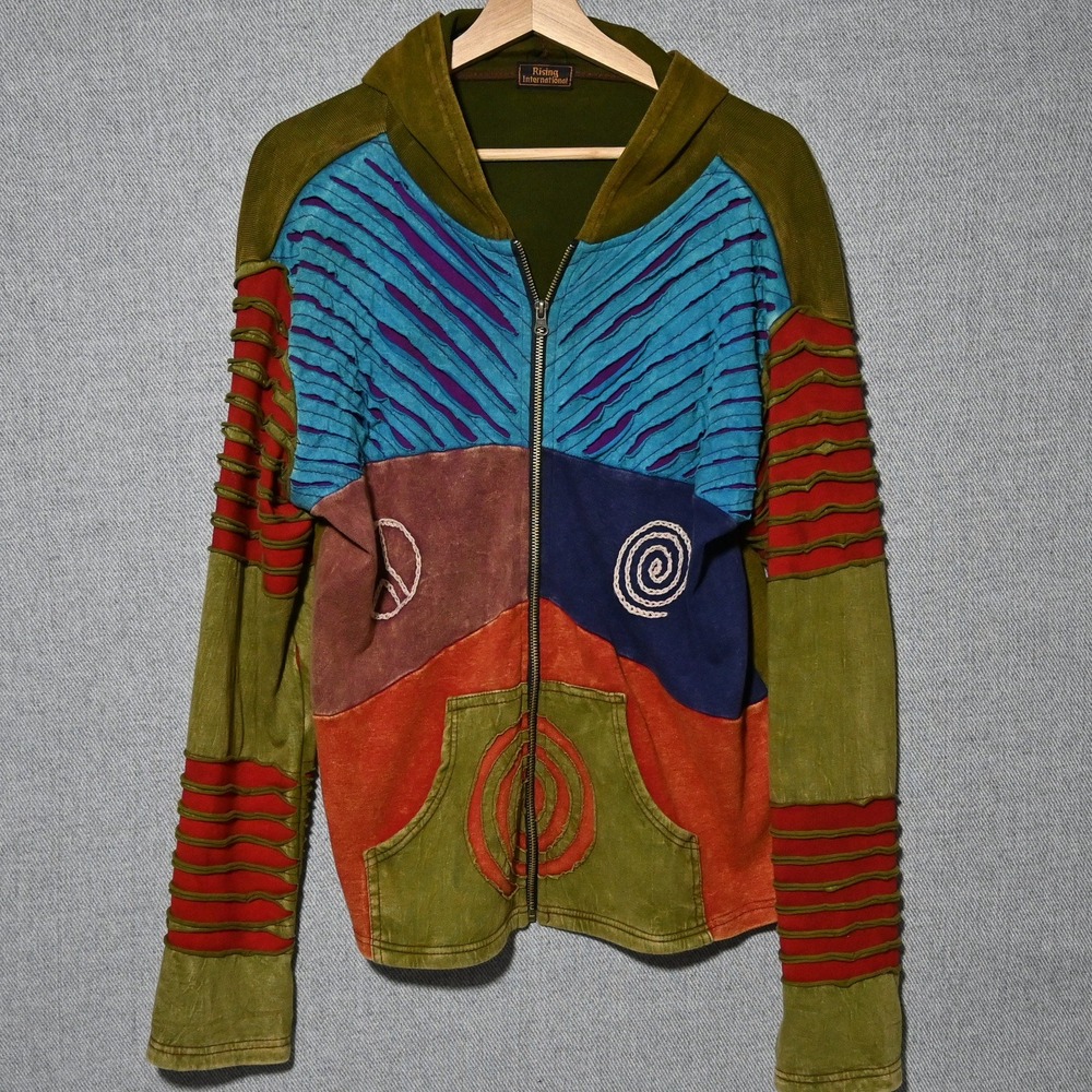 Rising International Patchwork Hoodie Mens XL Multi Color Boho Zip Up